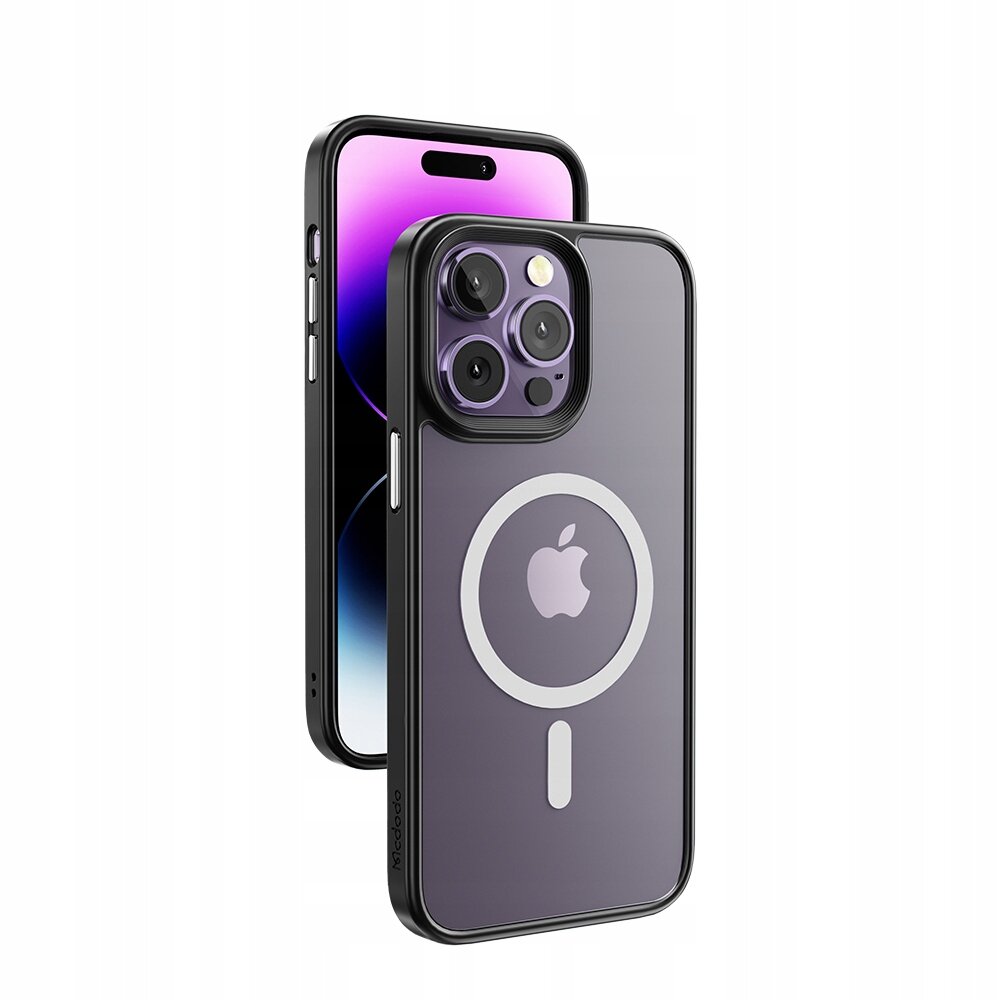 Obraz przedstawia przezroczyste etui na telefon z widocznym logo Apple i okrągłym wzorem wskazującym na kompatybilność z MagSafe. Etui jest zamontowane na telefonie z trzema obiektywami aparatu.