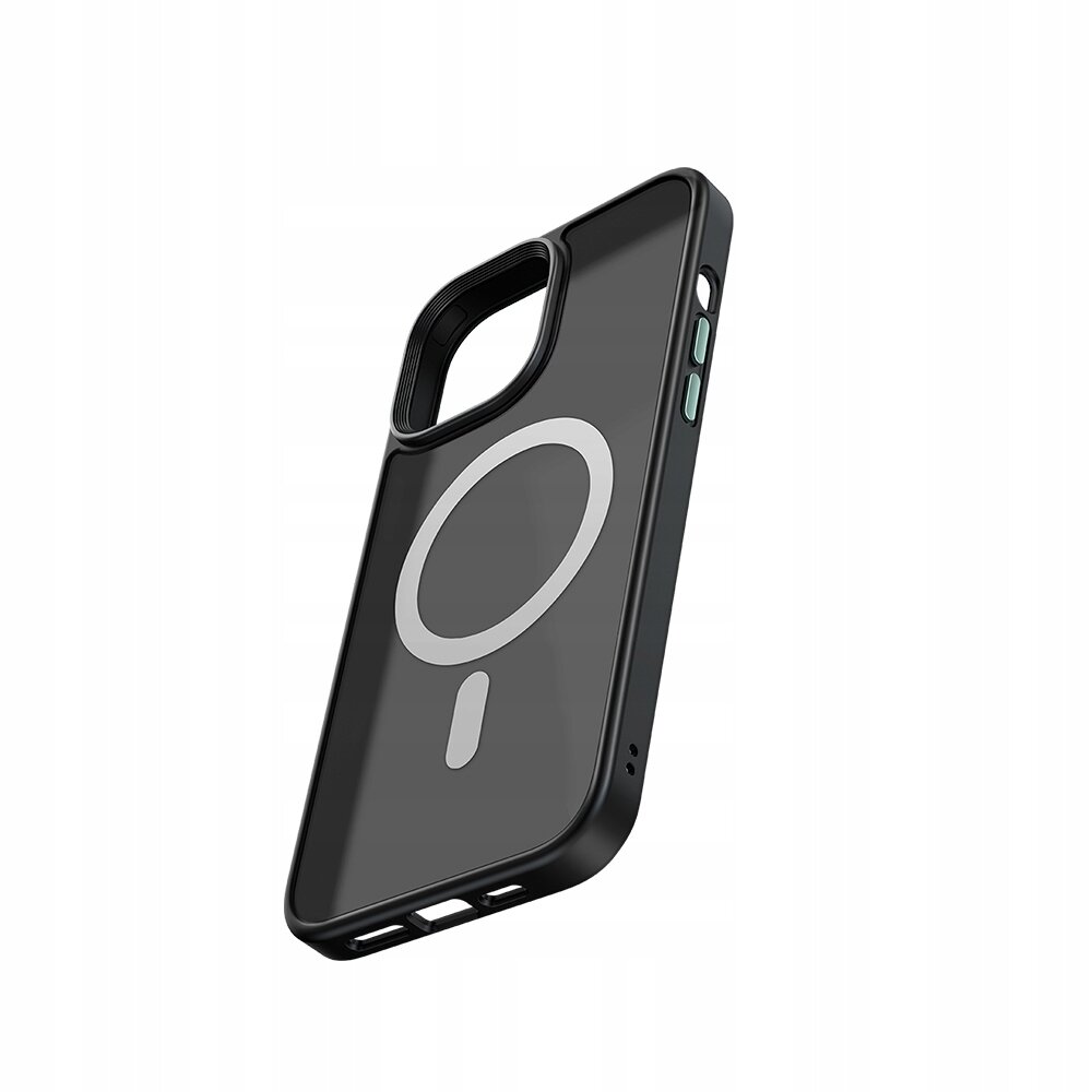Przezroczyste etui na telefon z czarnymi krawędziami i okrągłym wzorem na środku, przeznaczone do iPhone 14 Plus. Etui posiada wycięcia na przyciski i porty.