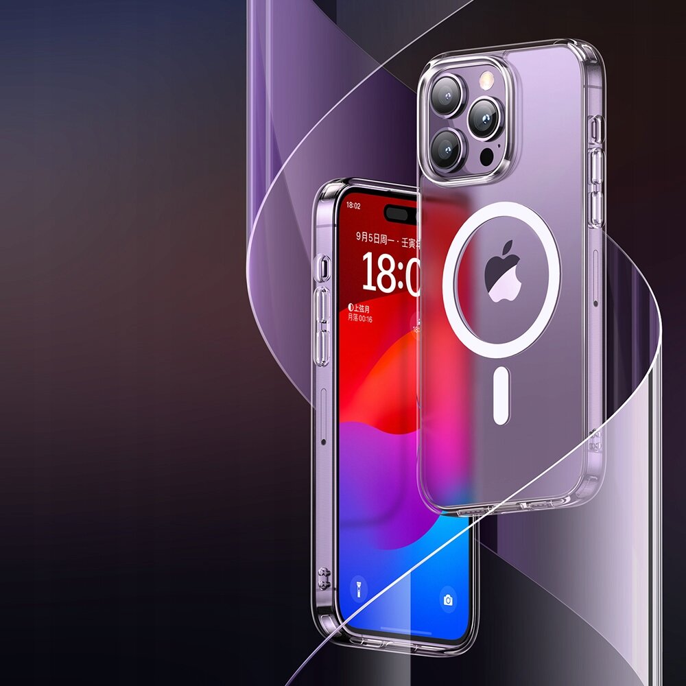 Obraz przedstawia przezroczyste etui na telefon z widocznym logo w kształcie jabłka. Na ekranie telefonu widoczny jest tekst: \'9月5日周二 18:00\'.