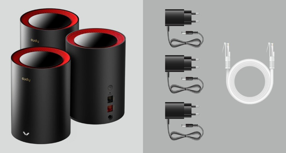 Router CUDY M3000 Trzy cylindryczne urządzenia sieciowe marki 'cudy' stoją obok siebie. Obok pokazano trzy zasilacze i jeden kabel sieciowy, przeznaczenie, parametry, prędkość, pasma, Wi-Fi 6