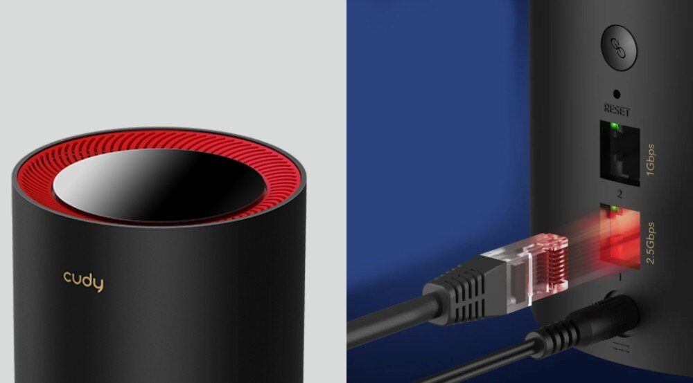 Router CUDY M3000 Zbliżenie na tylne złącza urządzenia sieciowego 'cudy'. Pokazano podłączone kable Ethernet do portów oznaczonych jako 1 Gbps i 2.5 Gbps, zabezpieczenia, szyfrowanie WPA3, VPN