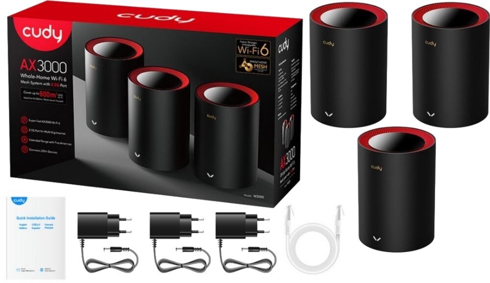Router CUDY M3000 Opakowanie zestawu czterech cylindrycznych urządzeń sieciowych 'cudy'. Poniżej znajdują się cztery zasilacze, dwa kable sieciowe oraz instrukcja instalacji, zestaw, zawartość