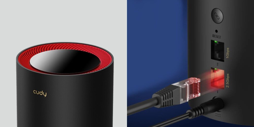 Router CUDY M3000 Po lewej stronie widoczna jest górna część routera z czerwonym wnętrzem. Po prawej zbliżenie na tylne porty, do których podłączone są przewody Ethernet i zasilania, funkcje, szyfrowanie WPA3, sieć dla gości, porty