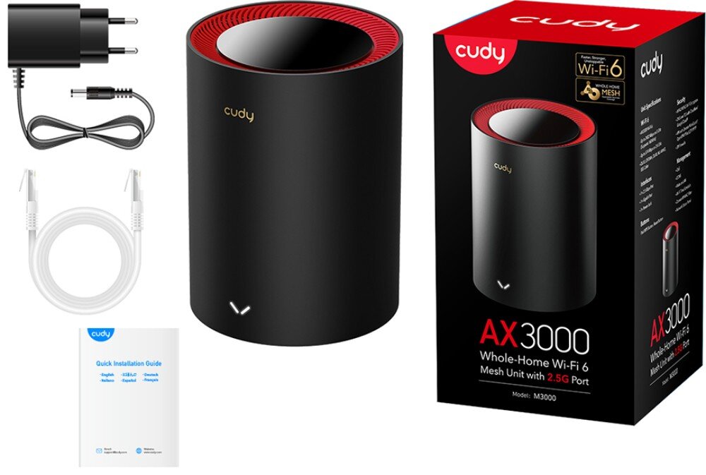 Router CUDY M3000 Zestaw sprzedażowy zawierający router, opakowanie, czarny zasilacz, biały kabel sieciowy oraz instrukcję szybkiej instalacji, zestaw, zawartość