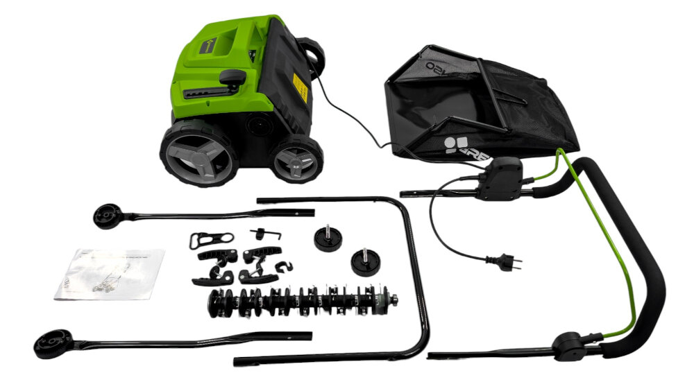 Wertykulator elektryczny GREENSO WE38-1800 korpus uchwyt elementy montazowe kosz na trawe walek do aeracji walek do wertykulacji klucz imbusowy dokumentacja