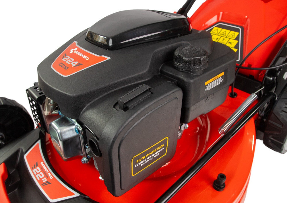Kosiarka spalinowa GREENSO KS56-G224NE Ducar DV224 z napędem 560mm 4.4kW silnik marki Ducar DV224 niezawodna moc wydajnoc technologia czterosuwowa konstrukcja gornozaworowa OHV pojemnosc 224 cm3 plynna efektowna praca moc 4,4 kW zbiornik paliwa pojemnosc 1,2 litra
