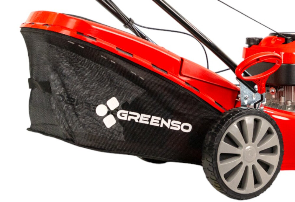 Kosiarka spalinowa GREENSO KS56-L196NS 360 Loncin z napędem siatkowy kosz pojemnosc 60 litrow pokrywa z tworzywa sztucznego wygodny uchwyt do przenoszenia i oprozniania