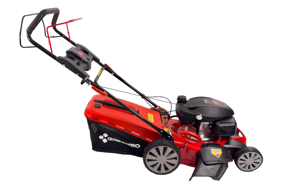 Kosiarka spalinowa GREENSO KS46-H170N Honda GCV170 z napędem koszenie z uwzglednieniem preferowanej wysokosci trawy zakres 25-75 mm centralna regulacja koszenia mechanizm sprezynowy 7-stopniowa skala