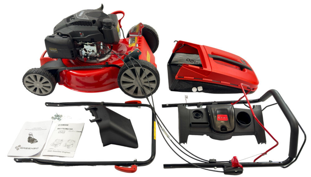 Kosiarka spalinowa GREENSO KS53-Y190N Yamaha MA190 z napędem zestaw korpu silnik uchwyt gorny uchwyt dolny akcesoria montazowe panel sterujacy akumulator ladowarka kosz na trawe oslona bocznego kanalu wyrzutowego zaslepka mielaca klucz do swiec dokumentacja