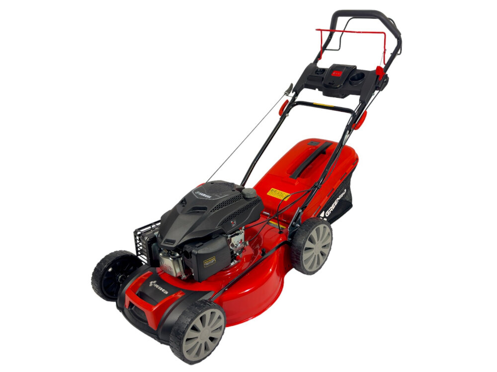 Kosiarka spalinowa GREENSO KS53-Y190N Yamaha MA190 z napędem koszenie z uwzglednieniem preferowanej wysokosci trawy zakres 25-75 mm centralna regulacja koszenia mechanizm sprezynowy 7-stopniowa skala