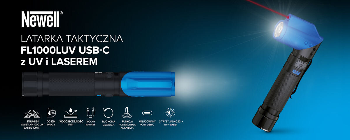 Latarka taktyczna NEWELL FL1000LUV USB-C z UV i laserem, Stabilna, mocowanie, Metalowy, powerzchnia, Baner Latarka Newell FL1000LUV 'latarka taktyczna