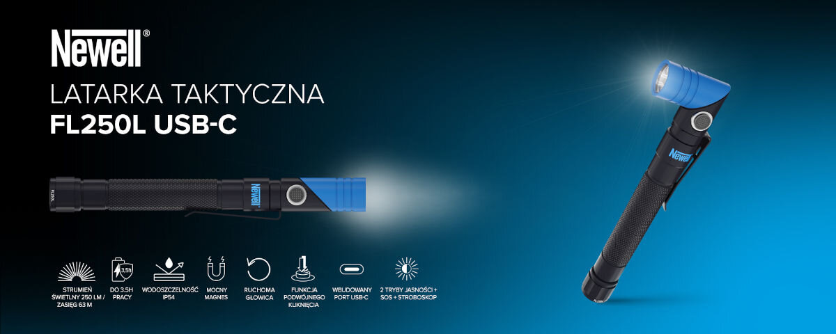 Latarka taktyczna NEWELL FL250L USB-C, dom, garaż, budowa, wędkowanie, Baner Latarka Newell FL250L USB-C 'latarka taktyczna