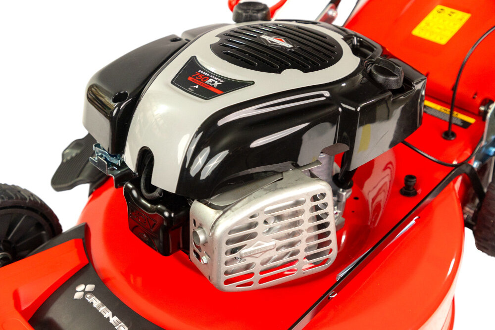Kosiarka spalinowa GREENSO KS56-B161N BSDOV750 z napędem silnik marki Briggs & Stratton model BSDOV750 niezawodna moc wydajnoc technologia czterosuwowa konstrukcja gornozaworowa OHV pojemnosc 161 cm3 plynna efektowna praca moc 2,74 kW zbiornik paliwa pojemnosc 1,0 litra
