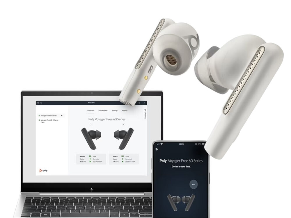 Słuchawki douszne POLY Voyager Free 60+ Biały dwa urządzenia naraz, do 8 urządzeń w pamięci, etui z funkcją ładowania, ekran dotykowy, zasięg do 30 metrów
