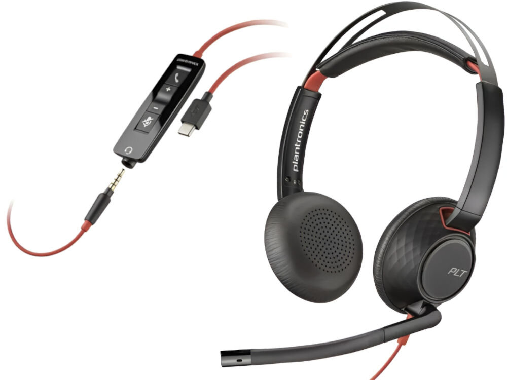 Słuchawki nauszne POLY Blackwire 5220 przewód USB-C, adapterem USB-A, komputera PC, wtykiem 3,5 mm, telefon komórkowy, tabletm wbudowany element sterujący, lampki kontrolne