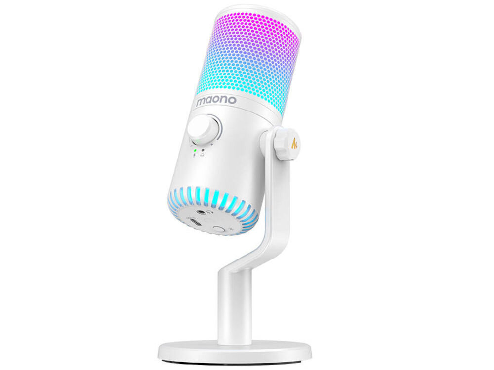 Mikrofon MAONO DM30RGB Kardioidalny Biały prezentacja mikrofonu na od przodu pod kątem na białym tle cztery profile korektora poprawa jakości dźwięku