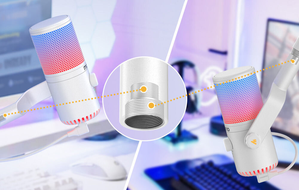 Mikrofon MAONO DM30RGB Kardioidalny Biały prezentacja mikrofonu stojącego na biurku fioletowe tło zbliżenie na gwint antypoślizgowe naklejki zapobieganie przemieszczaniu się regulowany kąt nachylenia kompatybilny z gwintami ⅜” i ⅝”