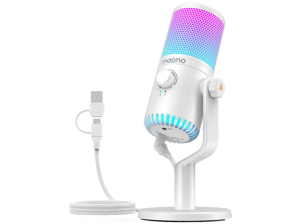 Mikrofon MAONO DM30RGB Kardioidalny Biały prezentacja mikrofonu na statywie na białym tle z kablem działa natychmiast po podłączeniu Plug&Play USB-C lub mini jack 3,5 mm nie wymaga instalacji sterowników
