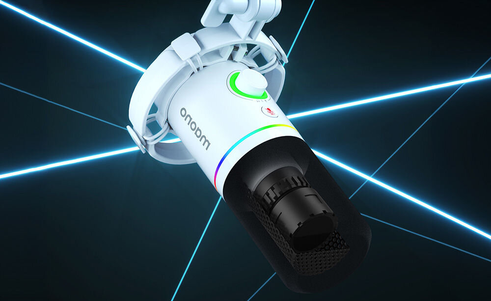 Mikrofon MAONO PD200X Kardioidalny Biały prezentacja mikrofonu na ciemnym tle z ledami metalowa konstrukcja regulacja dźwięku podświetlenie RGB funkcjonalność estetyka