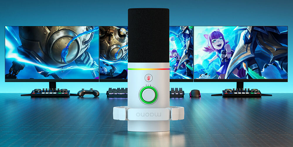 Mikrofon MAONO PD200X Kardioidalny Biały prezentacja mikrofonu niebieskie tło w tle trzy monitory z włączonymi grami pokrętło do regulacji głośności dostosowanie poziomu sygnału przycisk mute szybkie wyciszenie