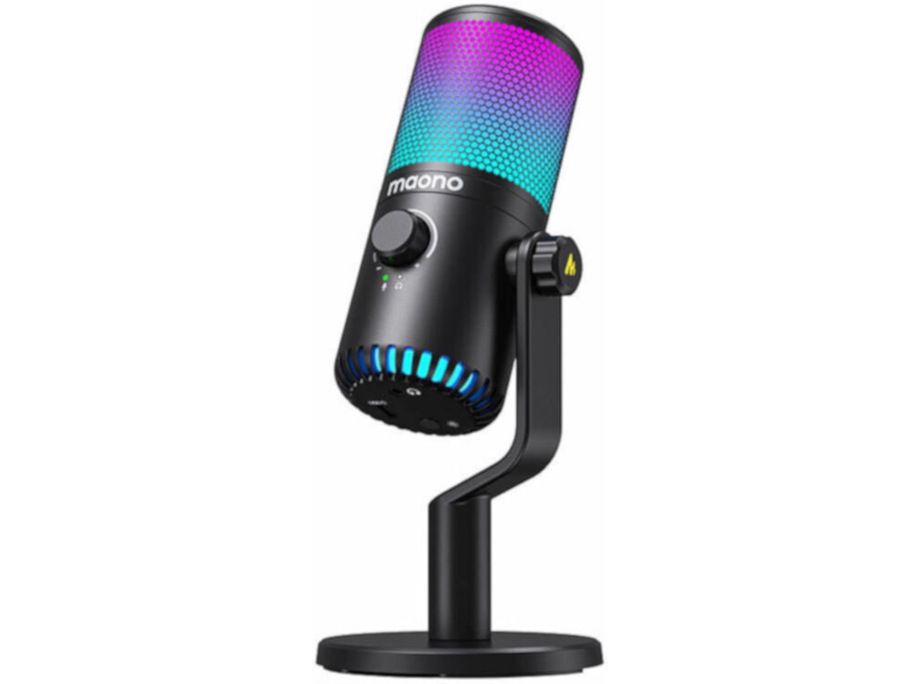 Mikrofon MAONO DM30 RGB Kardioidalny Czarny prezentacja mikrofonu na od przodu pod kątem na białym tle cztery profile korektora poprawa jakości dźwięku