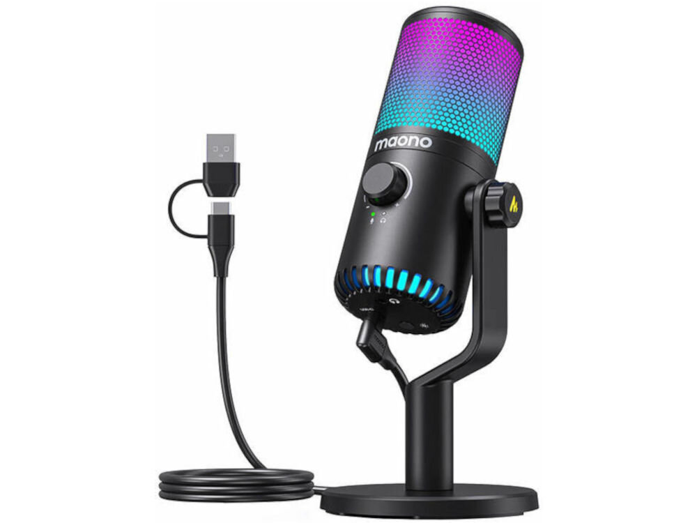 Mikrofon MAONO DM30 RGB Kardioidalny Czarny prezentacja mikrofonu na statywie na białym tle z kablem działa natychmiast po podłączeniu Plug&Play USB-C lub mini jack 3,5 mm nie wymaga instalacji sterowników
