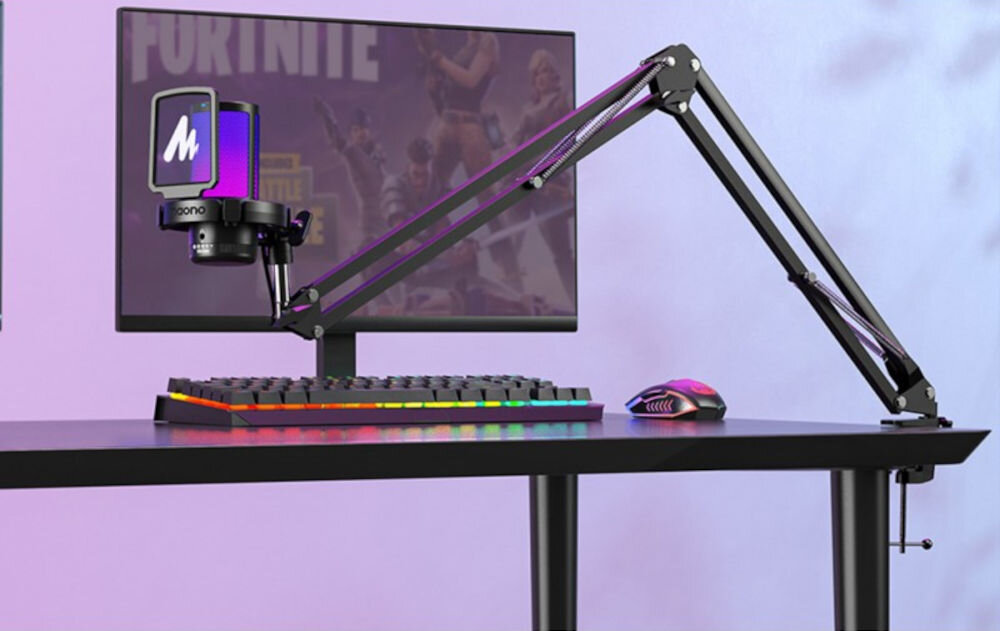 Mikrofon MAONO DGM20S Kardioidalny Czarny prezentacja mikrofonu na statywie przyczepionego do biurka w tle pokój gamera szeroki wybór podświetlenia 9 trybów podświetlenia RGB wyjątkowy wygląd