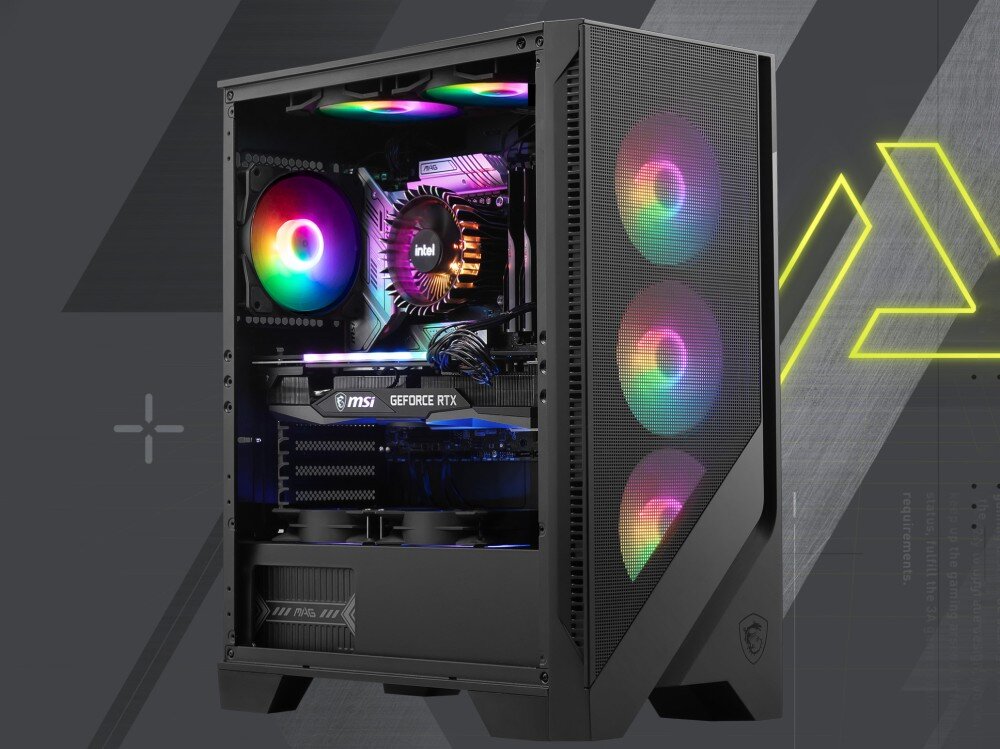 Obudowa MSI Mag Forge 120A Airflow Wnętrze obudowy z zamontowanymi podzespołami: karta graficzna MSI GeForce RTX, chłodzenie procesora Intel, płyta główna MSI oraz wentylatory z podświetleniem RGB. Obudowa ma siatkowany front i szklaną ściankę boczną, typ, wielkość, przeznaczenie