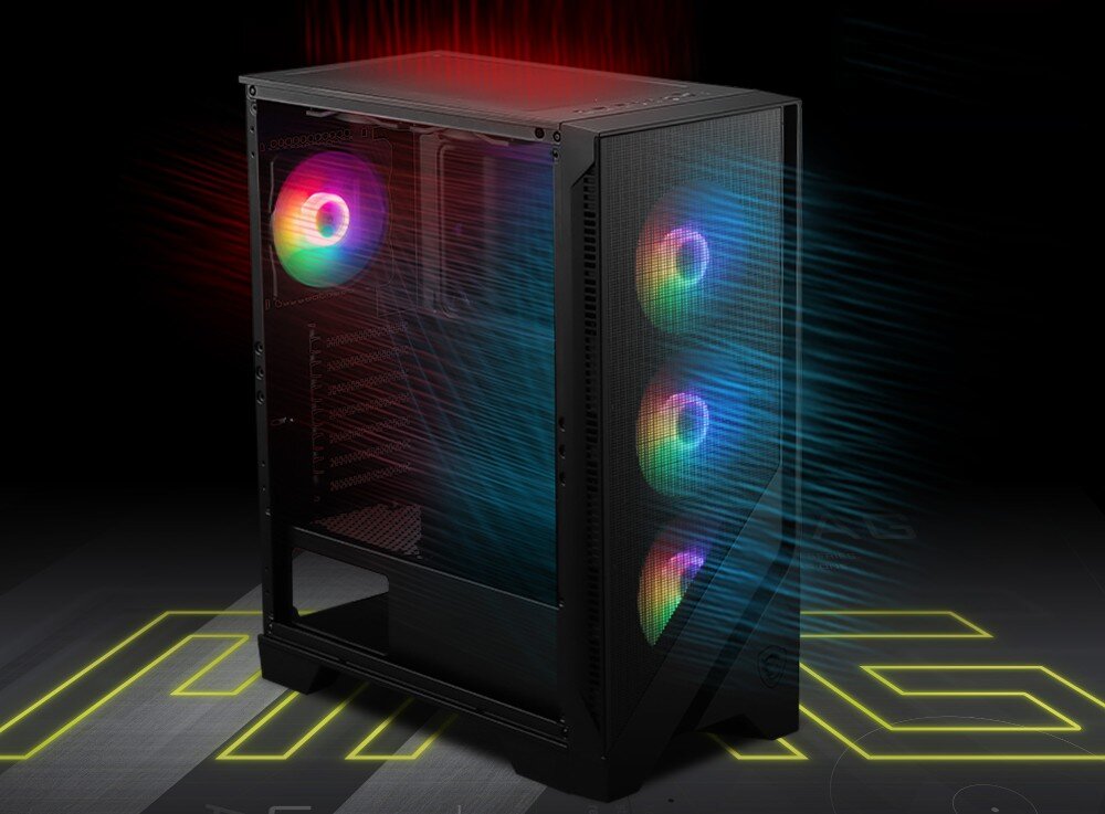 Obudowa MSI Mag Forge 120A Airflow Obudowa pokazana w kontekście przepływu powietrza: niebieskie strzałki symbolizują chłodne powietrze wchodzące z przodu, czerwona strzałka oznacza ciepłe powietrze wychodzące górą. Widoczne wentylatory RGB i panel boczny z hartowanego szkła, wentylacja, chłodzenie, wentylatory