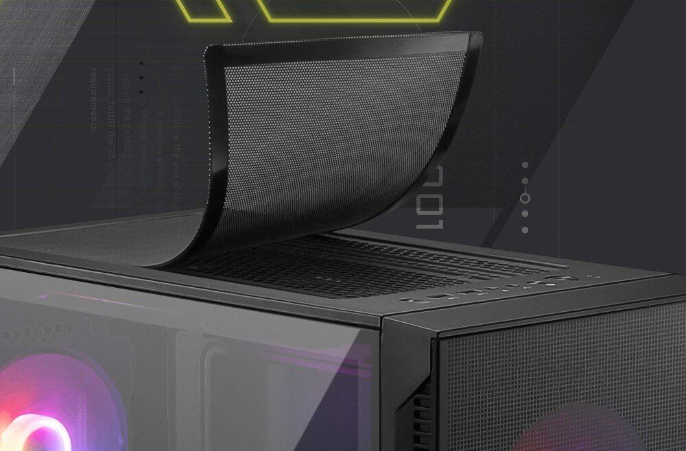 Obudowa MSI Mag Forge 120A Airflow Zbliżenie na górną część obudowy z podniesionym filtrem przeciwkurzowym wykonanym z siatki. Pod filtrem widać otwory wentylacyjne i przedni panel z portami, filtry przeciwkurzowe, czyszczenie