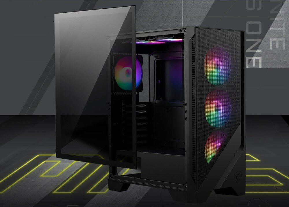Obudowa MSI Mag Forge 120A Airflow Obudowa z otwartym panelem bocznym wykonanym z hartowanego szkła. Widoczne wnętrze z fabrycznie zainstalowanymi wentylatorami RGB oraz siatkowany front, szklany bok, wygląd