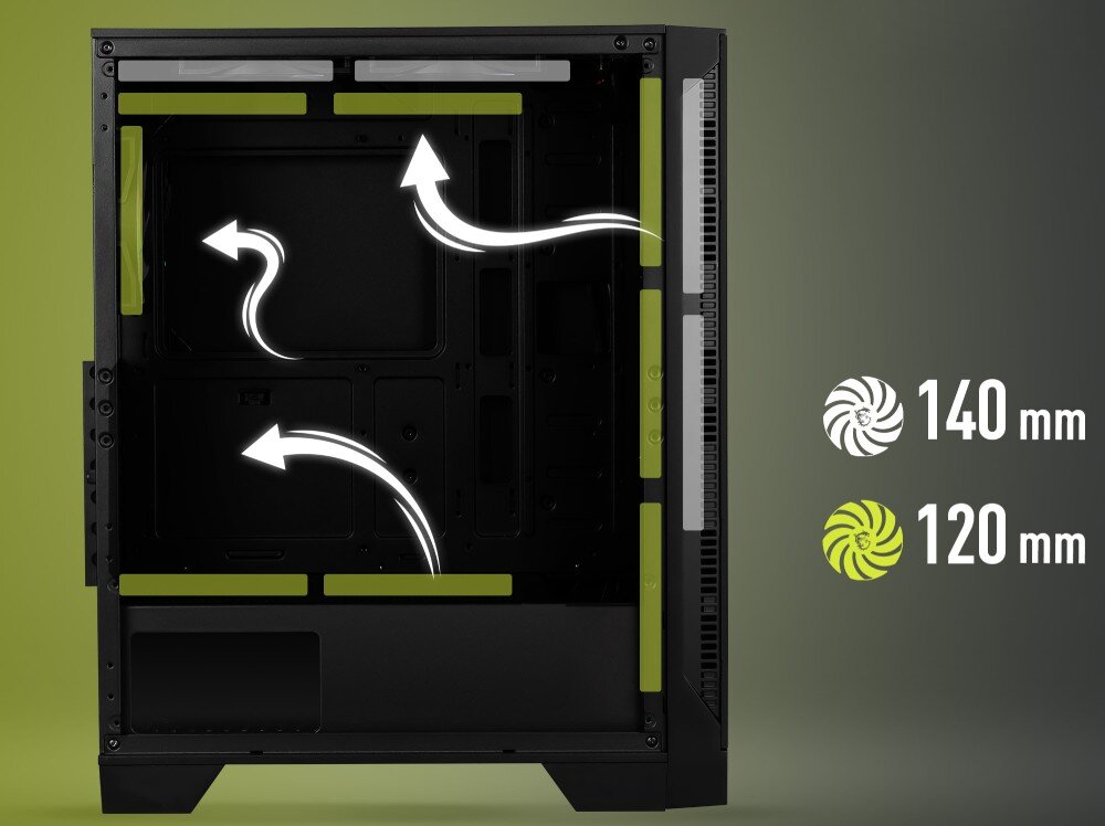 Obudowa MSI Mag Forge 120A Airflow Widok boczny wnętrza obudowy z oznaczeniem przepływu powietrza przy użyciu białych strzałek. Po prawej stronie znajdują się symbole dla wentylatorów 120 mm i 140 mm, rozbudowa, wentylatory
