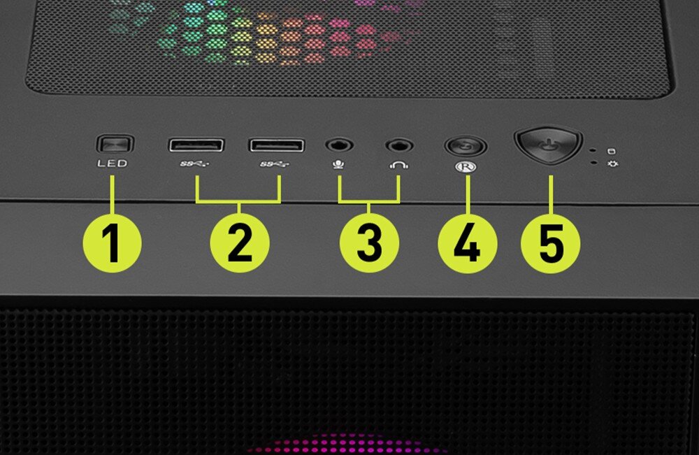 Obudowa MSI Mag Forge 120A Airflow Zbliżenie na panel I/O obudowy. Od lewej do prawej oznaczenia: przycisk LED, dwa porty USB, wejście mikrofonowe, wyjście audio, przycisk reset oraz przycisk zasilania, porty, gniazda, przyciski