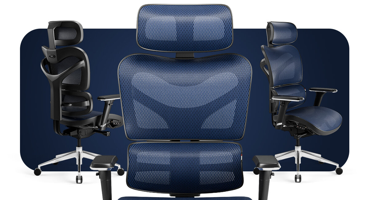 Fotel DIABLO CHAIRS V-Commander klasy premium Trwałe elementy z tworzywa sztucznego błyszczące detale aluminiowe Diablo Chairs Niebieska siatka V-Mesh - zlbizenie na oparcie fotela