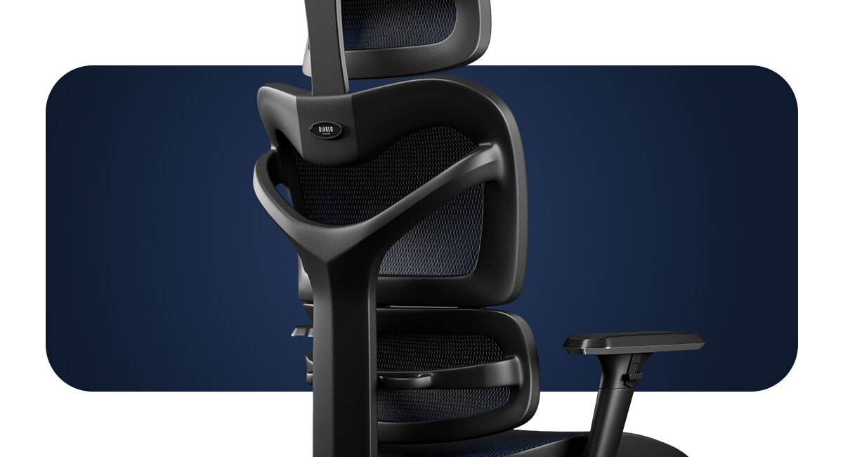 Fotel DIABLO CHAIRS V-Commander wsparcie dla każdego odcinka kręgosłupa Konstrukcja BACKREST+ część lędźwiową wyprofilowany zagłówek szyję - tył krzesła