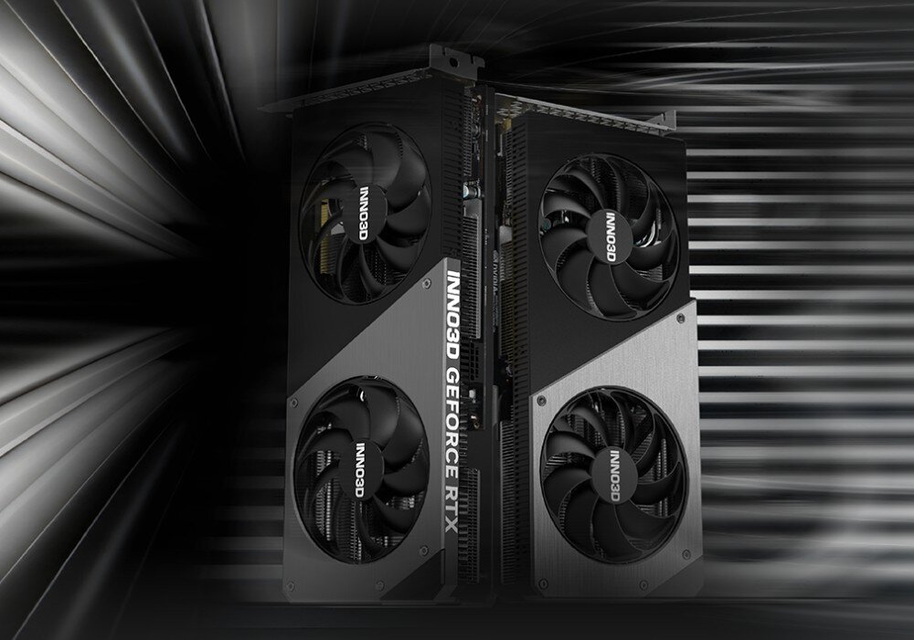 Karta graficzna INNO3D GeForce RTX 4070 Ti Super Twin X2 16GB Zbliżenie na kartę graficzną z dwoma dużymi wentylatorami chłodzącymi, zamontowaną pionowo w obudowie komputera z efektem świetlnym w tle, opis