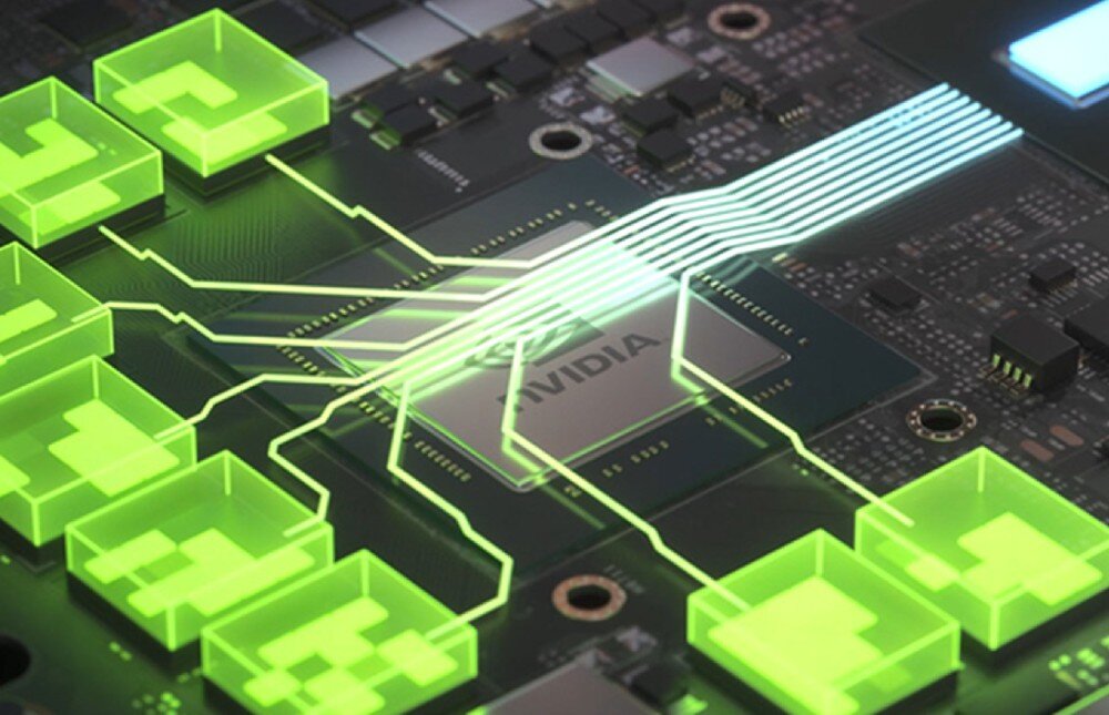 Karta graficzna INNO3D GeForce RTX 4070 Ti Super Twin X2 16GB Fragment płytki drukowanej z widocznym chipem z logo 'NVIDIA', na który nałożono graficzną wizualizację połączeń i bloków w kolorze zielonym, architektura, rdzenie CUDA, pamięć