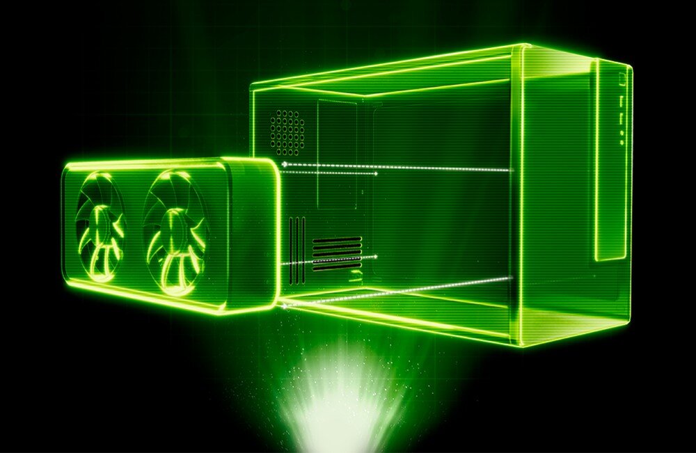 Karta graficzna INNO3D GeForce RTX 4070 Ti Super Twin X2 16GB Grafika w stylu neonowym przedstawiająca schematyczny komputer stacjonarny i kartę graficzną z dwoma wentylatorami, podświetlone na zielono, wielkość, wentylatory, chłodzenie