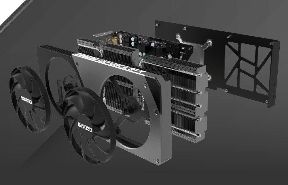 Karta graficzna INNO3D GeForce RTX 4070 Ti Super Twin X2 16GB Wizualizacja rozłożonej konstrukcji chłodzenia karty graficznej z widocznymi wentylatorami, radiatorem, płytką drukowaną i metalową płytą z tyłu, radiator, obudowa