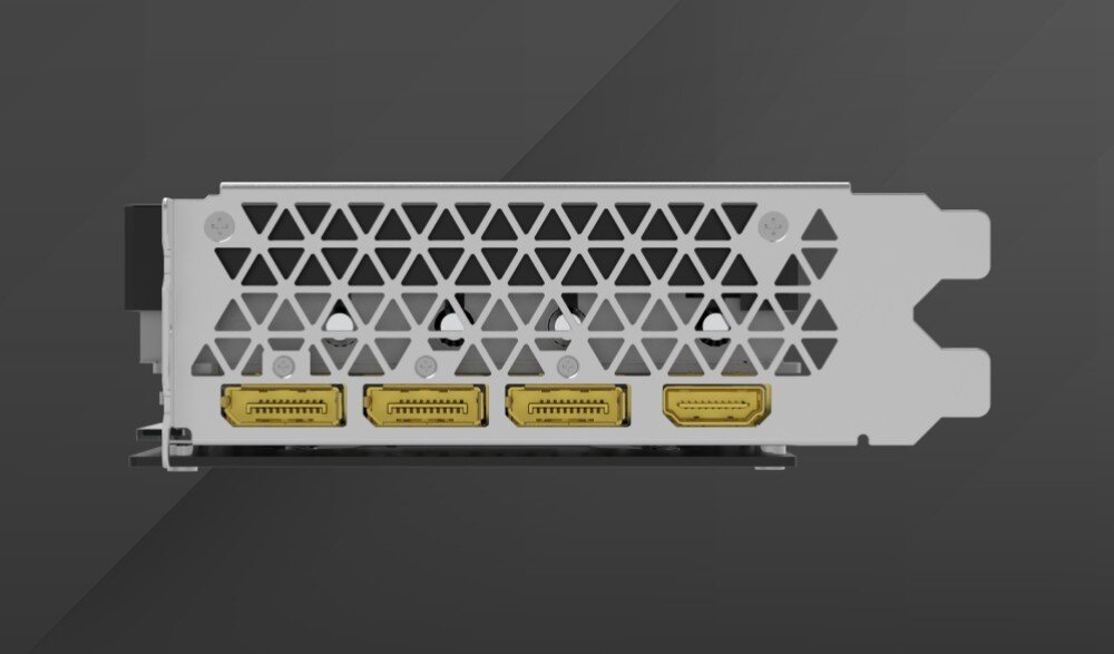 Karta graficzna INNO3D GeForce RTX 4070 Ti Super Twin X2 16GB Zbliżenie na tylny panel karty graficznej z czterema portami w kolorze złotym i kratkowanym wzorem wentylacyjnym, porty, rozdzielczość