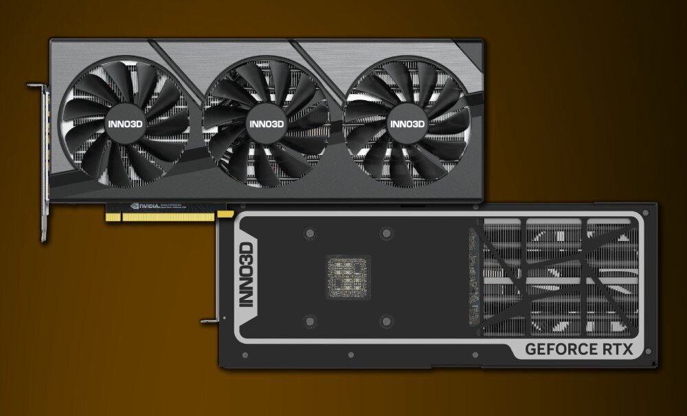 Karta graficzna INNO3D GeForce RTX 4080 Super X3 16GB Zestawienie zdjęcia przodu i tyłu karty na gradientowym tle, architektura, rdzenie CUDA, układ graficzny