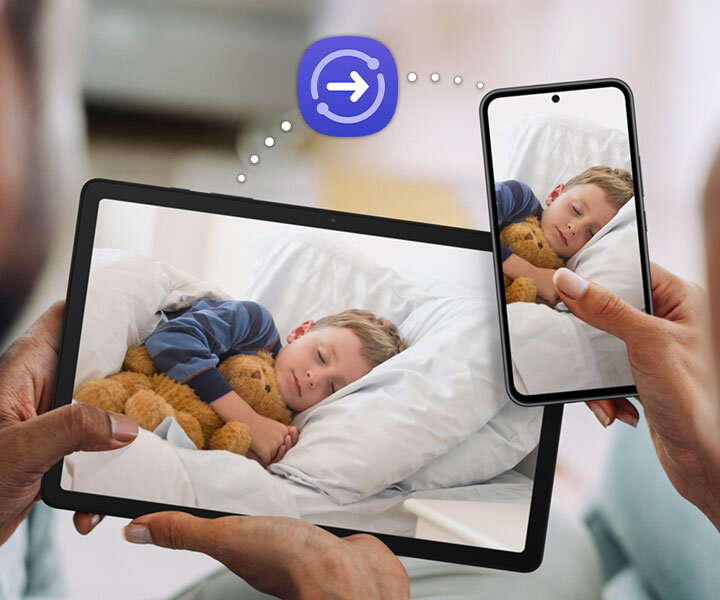 obrazek pierwszy 100 Para trzyma w rękach Galaxy Tab A9+ i smartfon Galaxy, oba urządzenia wyświetlają to samo zdjęcie śpiącego dziecka. Nad urządzeniami jest kropkowana linia, która łączy urządzania, z ikoną Quick Share na środku, aby zobrazować funkcję dzielenia się plikami.