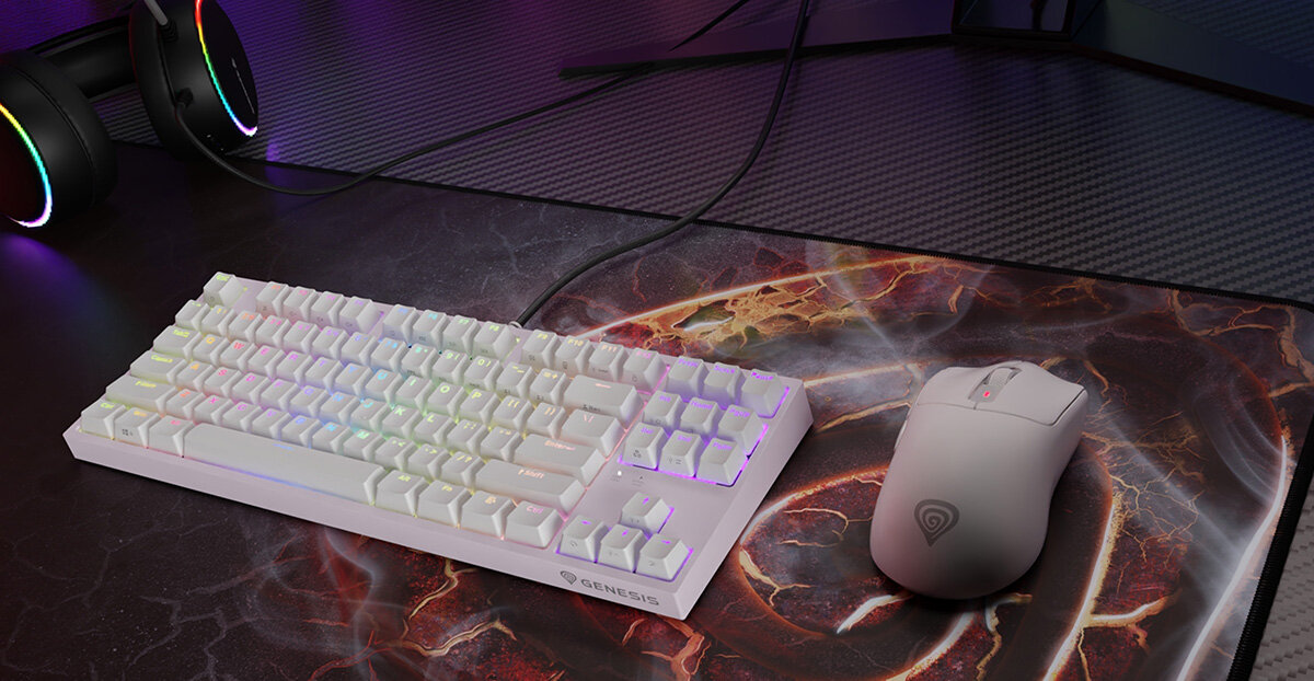 GENESIS Zircon 500 GENESIS Zircon 500 symetrycznym kształcie trzy sposoby połączenia bezprzewodowego oraz przewodowego Pixart PMW3325 Mechaniczne przełączniki Kailh M60 Purple 90 milionów kliknięć - mysz obok klawiatury na podkładce