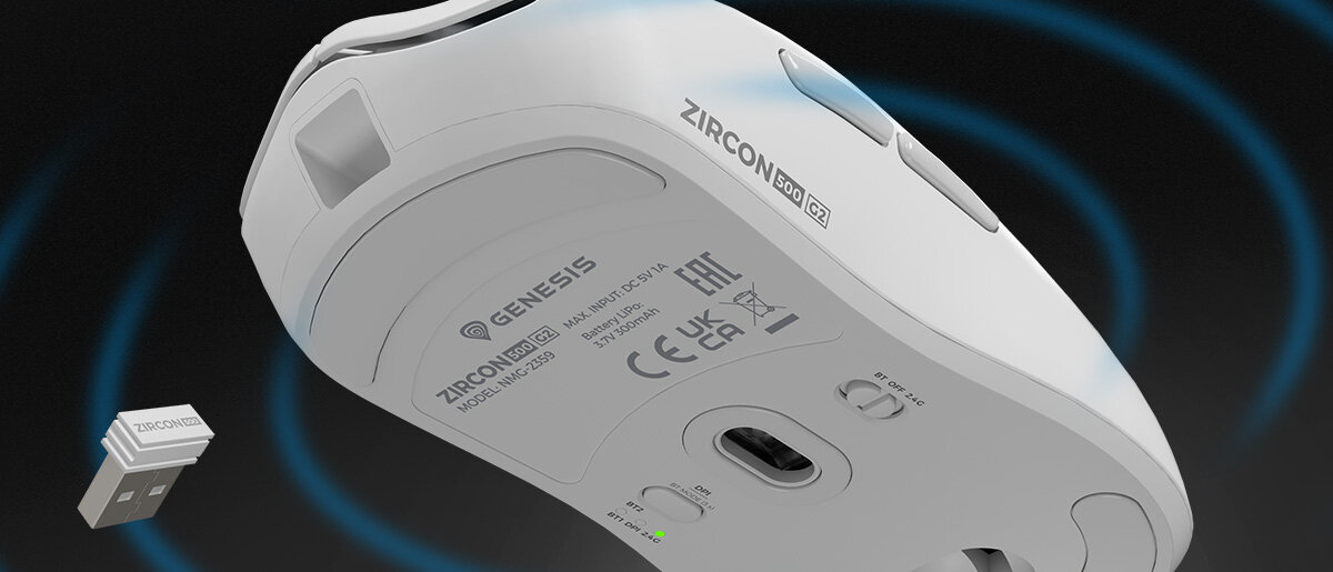 GENESIS Zircon 500 szybkie połączenie radiowe 2,4 GHz niskim opóźnieniem Bluetooth 5.0 połączenie przewodowe GENESIS Zircon 500 - mysz od spodu, obok widoczny dobiornik USB-A 2.4 GHZ
