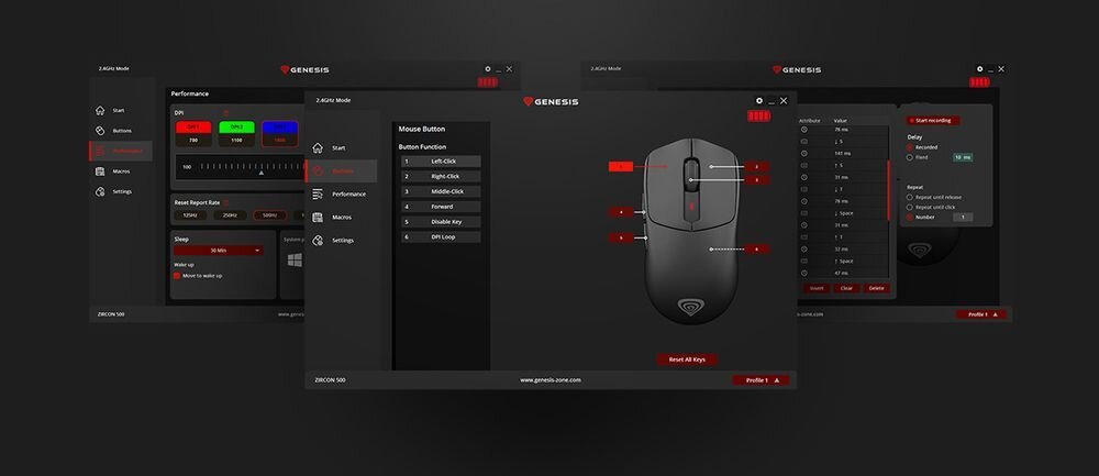 GENESIS Zircon 500 G2 dedykowanemu oprogramowaniu Zmieniaj rozdzielczość sensora, przypisuj nowe funkcje przyciskom i twórz własne makra Aplikacja - zrzuty ekranu z aplikacji sterującej myszką