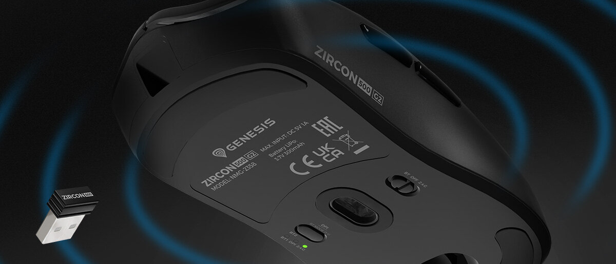 GENESIS Zircon 500 G2 szybkie połączenie radiowe 2,4 GHz niskim opóźnieniem Bluetooth 5.0 połączenie przewodowe GENESIS Zircon 500 G2 - mysz od spodu, obok widoczny dobiornik USB-A 2.4 GHZ