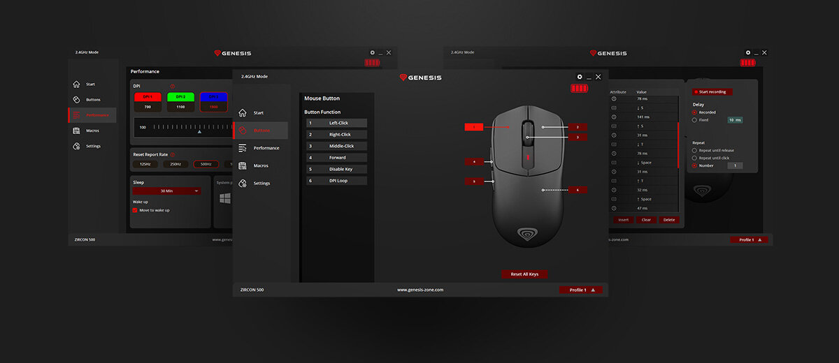 GENESIS Zircon 500 G2 dedykowanemu oprogramowaniu Zmieniaj rozdzielczość sensora, przypisuj nowe funkcje przyciskom i twórz własne makra Aplikacja - zrzuty ekranu z aplikacji sterującej myszką