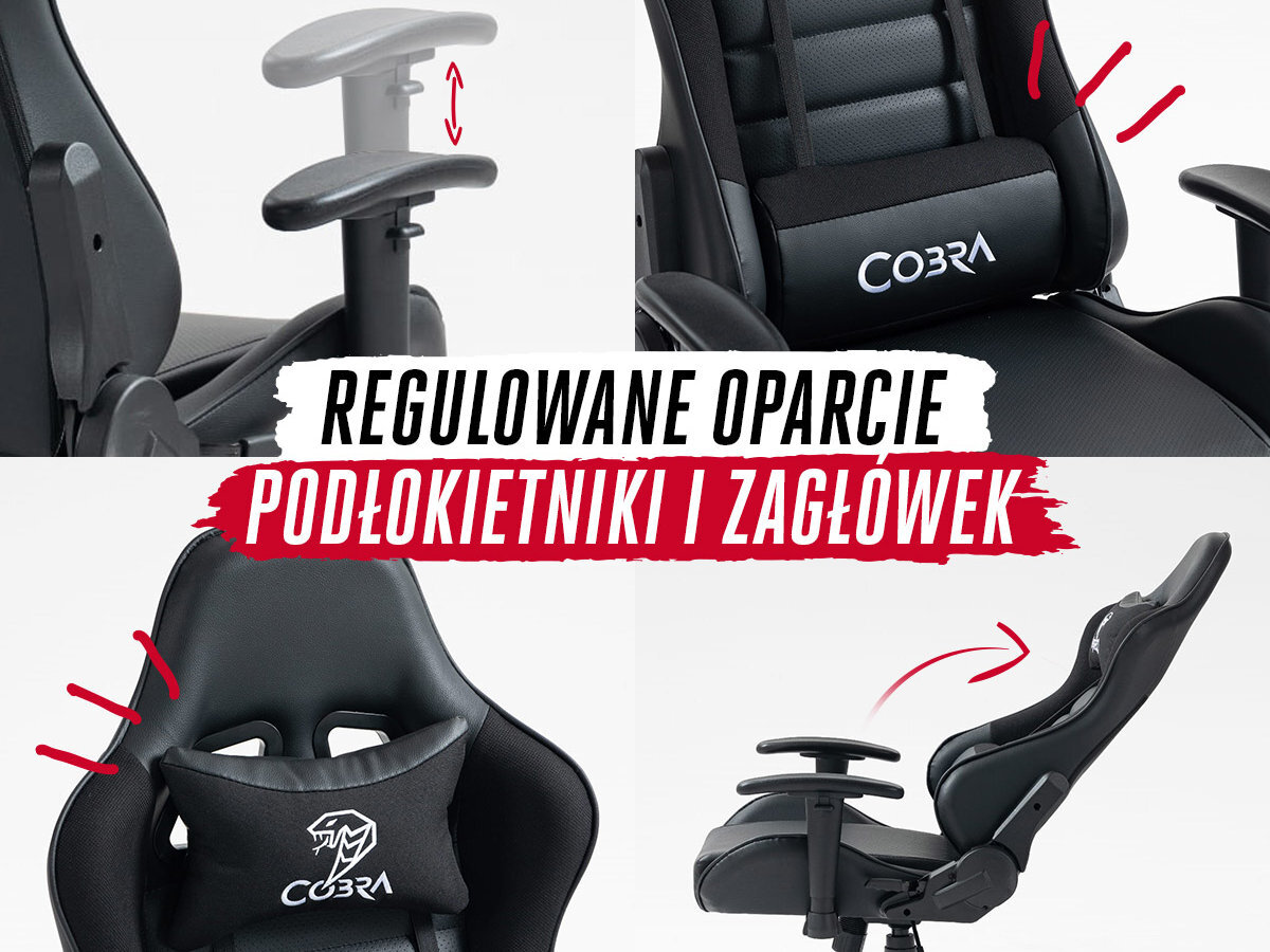 Fotel COBRA Rebel Konstrukcja prawidłową postawę ciała Regulowane oparcie, podłokietniki i zagłówek