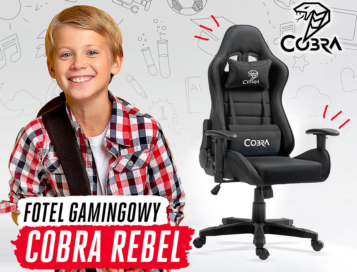 Fotel COBRA Rebel CR206 Czarny Fotel gamingowy dla dzieci Cobra Rebel w kolorze czarnym. Obok uśmiechnięty chłopiec, w tle szkolne rysunki. Idealny fotel do biurka dla ucznia.