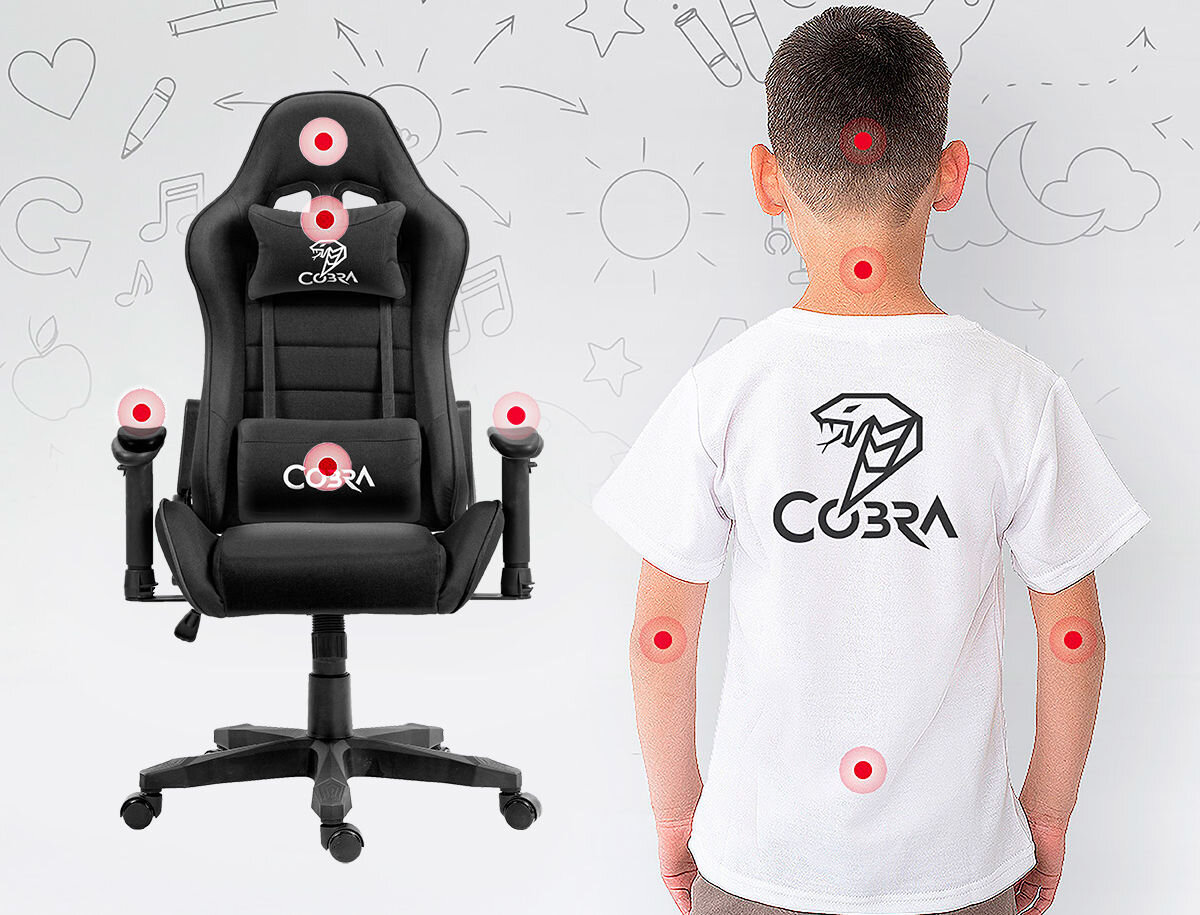 Fotel COBRA Rebel CR206 Czarny Schemat ergonomii fotela Cobra Rebel. Czerwone punkty wskazują wsparcie dla głowy, karku, lędźwi i łokci, zapewniając prawidłową postawę dziecka podczas siedzenia.
